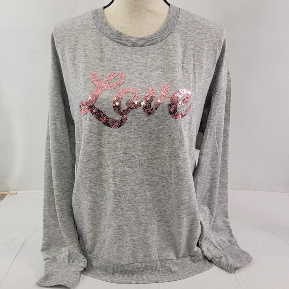 No Boundaries LOVE Sequin Soft Pullover Gray Sweatshirt Top NWT